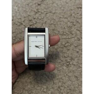 Geoffrey Beene Silver Tone Black Rectangle Faux Leather Wristwatch New Band